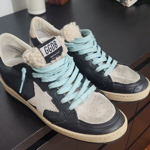 Golden Goose Ballstar Size 39 Black and Cream Sneakers with Light Blue Laces